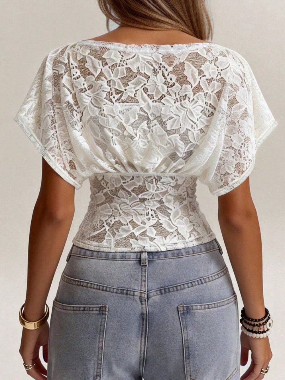 White Elegant Women's Lace T-Shirt Waist Top with Collar and Epaulet Sleeves - Picture 2 of 5